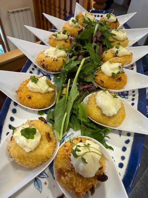 Crab cake canapés with lemon aioli, served at a private dining event in Derbyshire